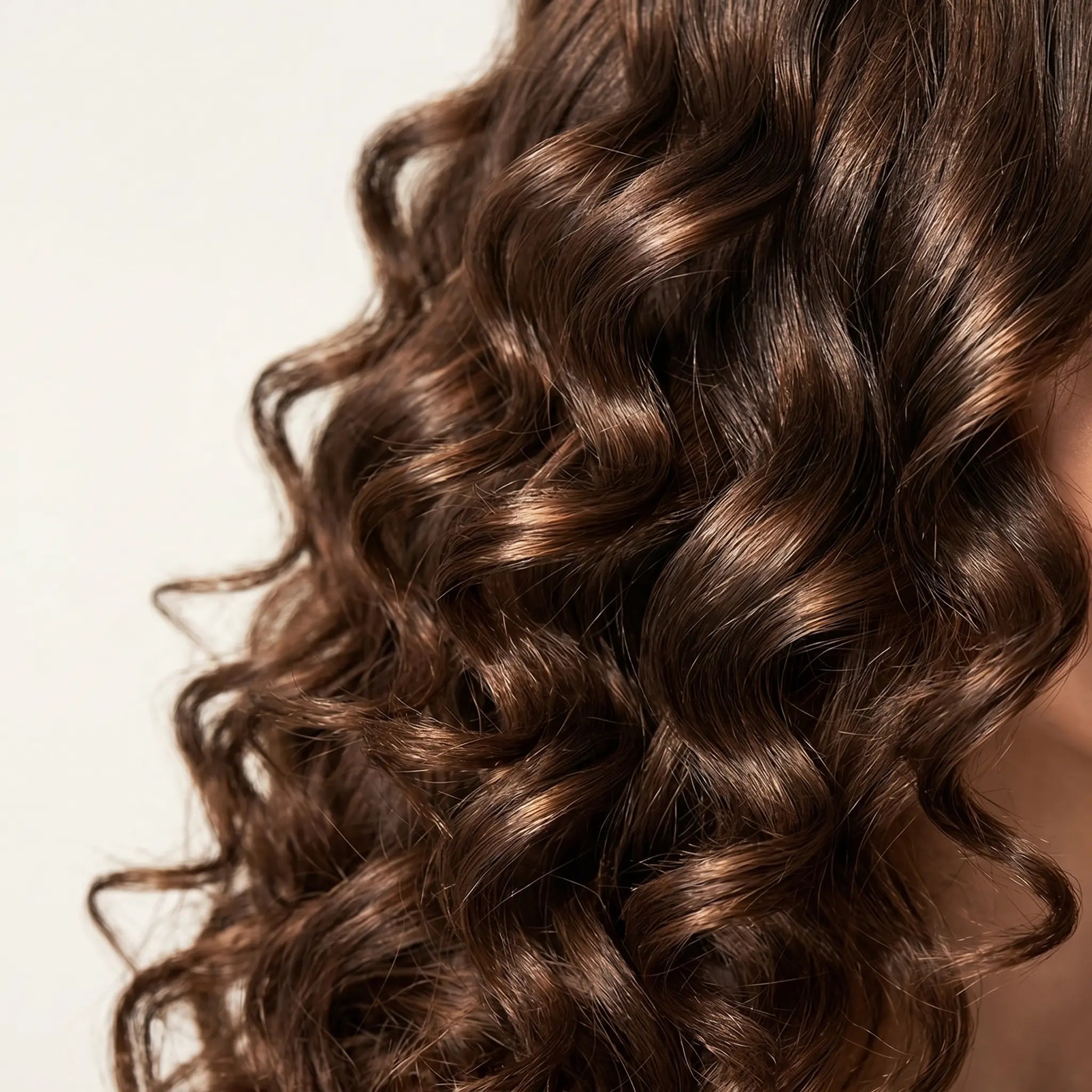 Close-up of glossy curled hair showing smooth waves and shine after styling