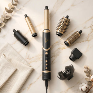 BELARO 8-in-1 hair styler with interchangeable attachments arranged on a marble surface
