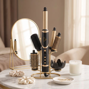 BELARO 8-in-1 hair styler with interchangeable attachments on a luxury vanity setting