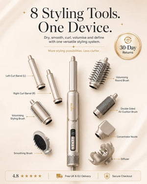 BELARO 8-in-1 Multi Styler shown with all eight styling attachments on a cream background.