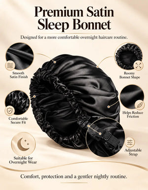 BELARO double-layer satin sleep bonnet infographic highlighting key product features and benefits