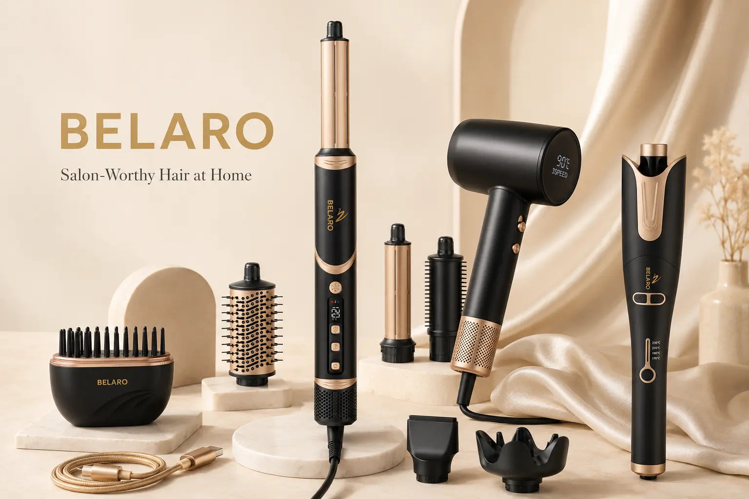 BELARO hair styling collection featuring multi styler, hair dryer, cordless hairbrush, and styling attachments