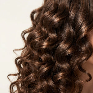 Close-up of glossy curled hair showing smooth waves and shine after styling