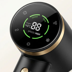 Close-up of a BELARO hair dryer digital control display showing temperature and speed settings