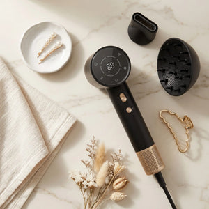 BELARO hair dryer with styling attachments arranged on a marble surface