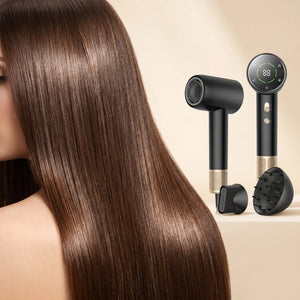 Smooth straight hair shown beside the BELARO hair dryer with styling attachments