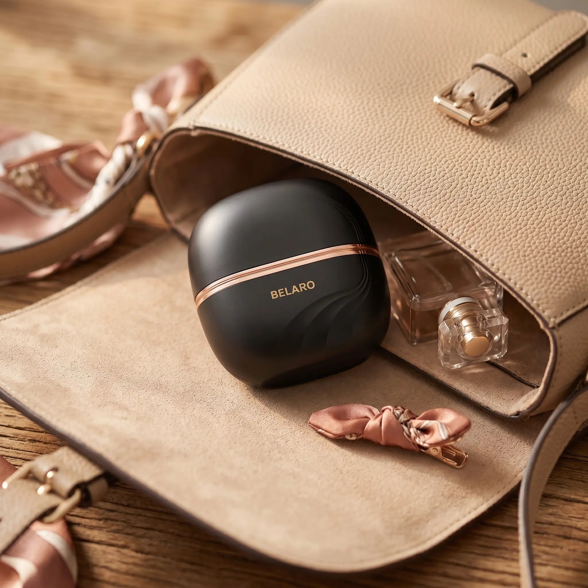 BELARO compact cordless hairbrush shown inside a handbag with travel beauty accessories