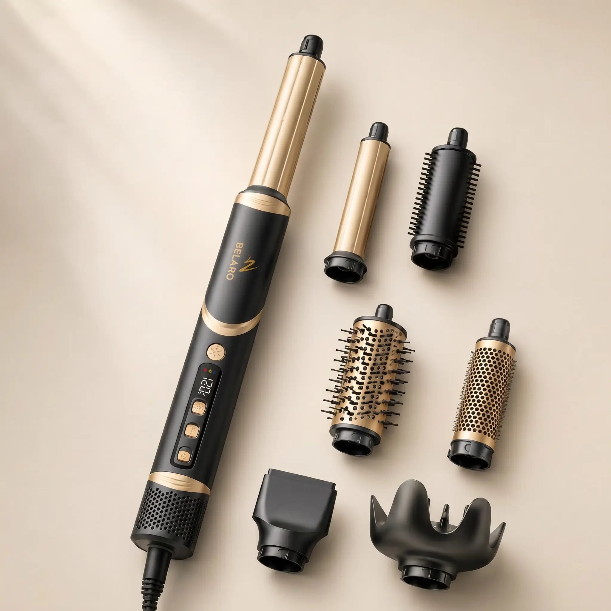 BELARO 8-in-1 high-speed ionic multi styler with interchangeable hair styling attachments on a soft cream background