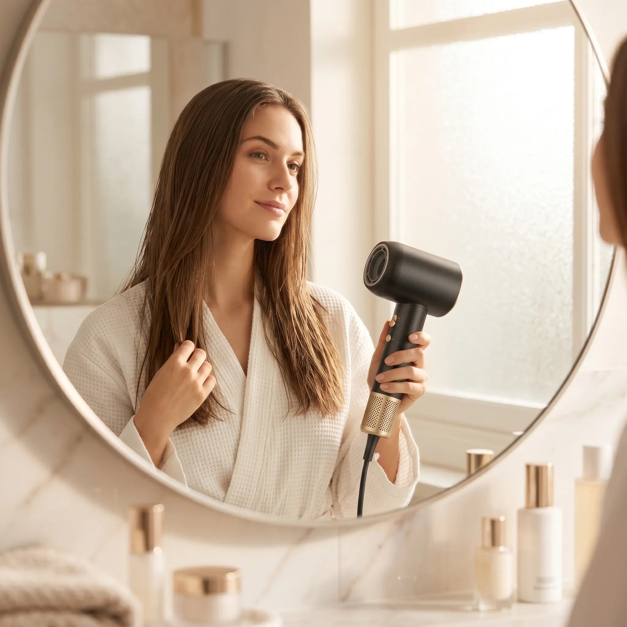 Woman using a BELARO hair dryer in front of a mirror during a morning styling routine