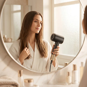 Woman using a BELARO hair dryer in front of a mirror during a morning styling routine