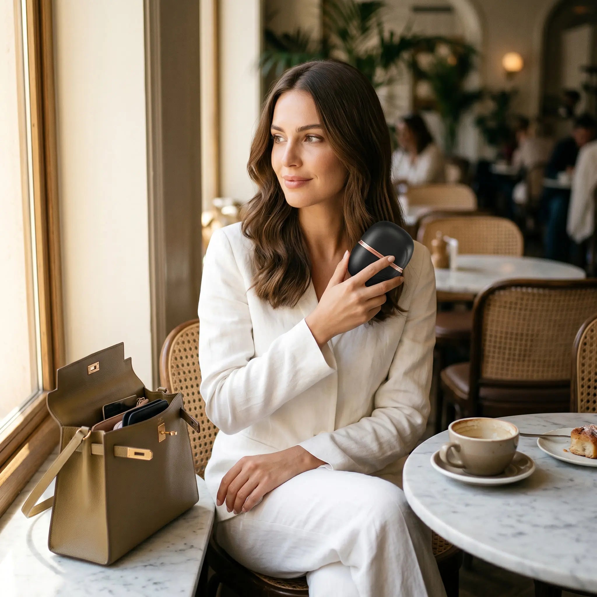 Woman using a BELARO compact cordless hairbrush at a café with a handbag beside her