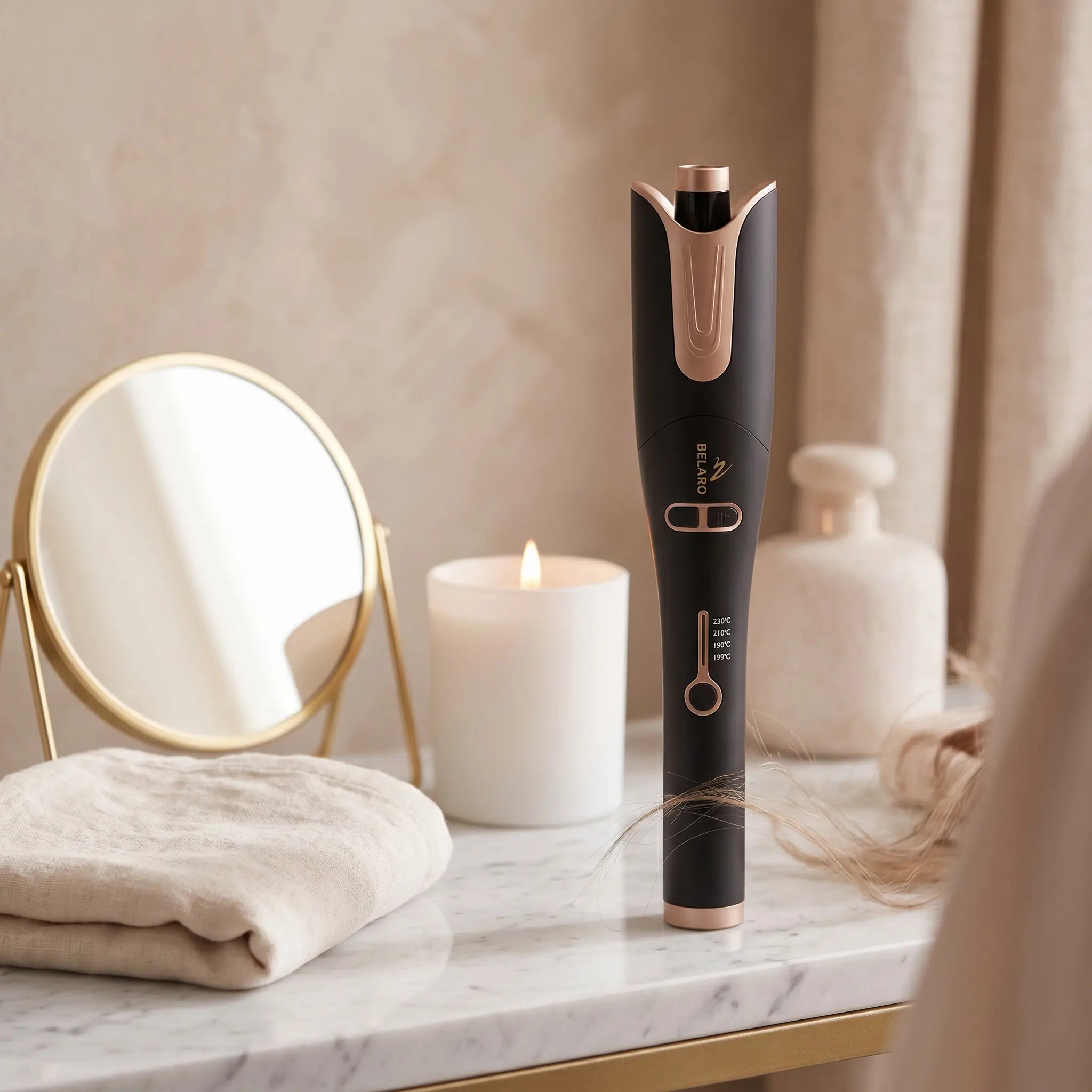 BELARO hair styling tool displayed on a luxury vanity shelf with soft beauty accessories