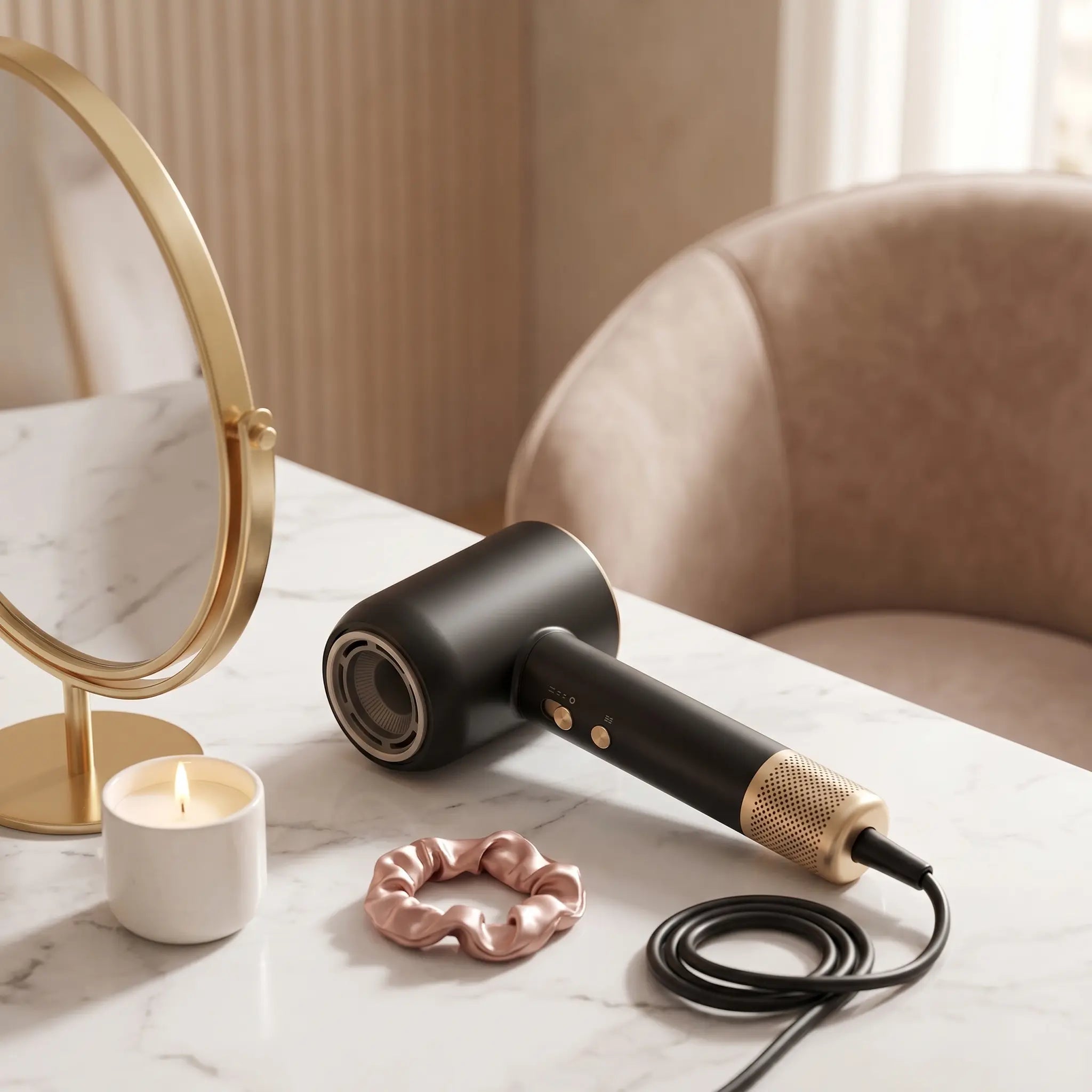 BELARO premium hair dryer displayed on a marble vanity with soft beauty accessories