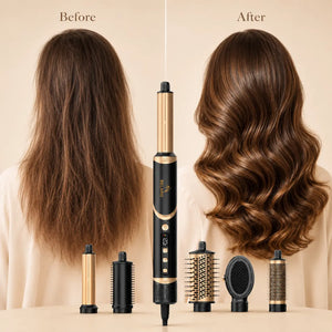 BELARO 8-in-1 hair styler before and after result showing frizzy hair transformed into smooth waves