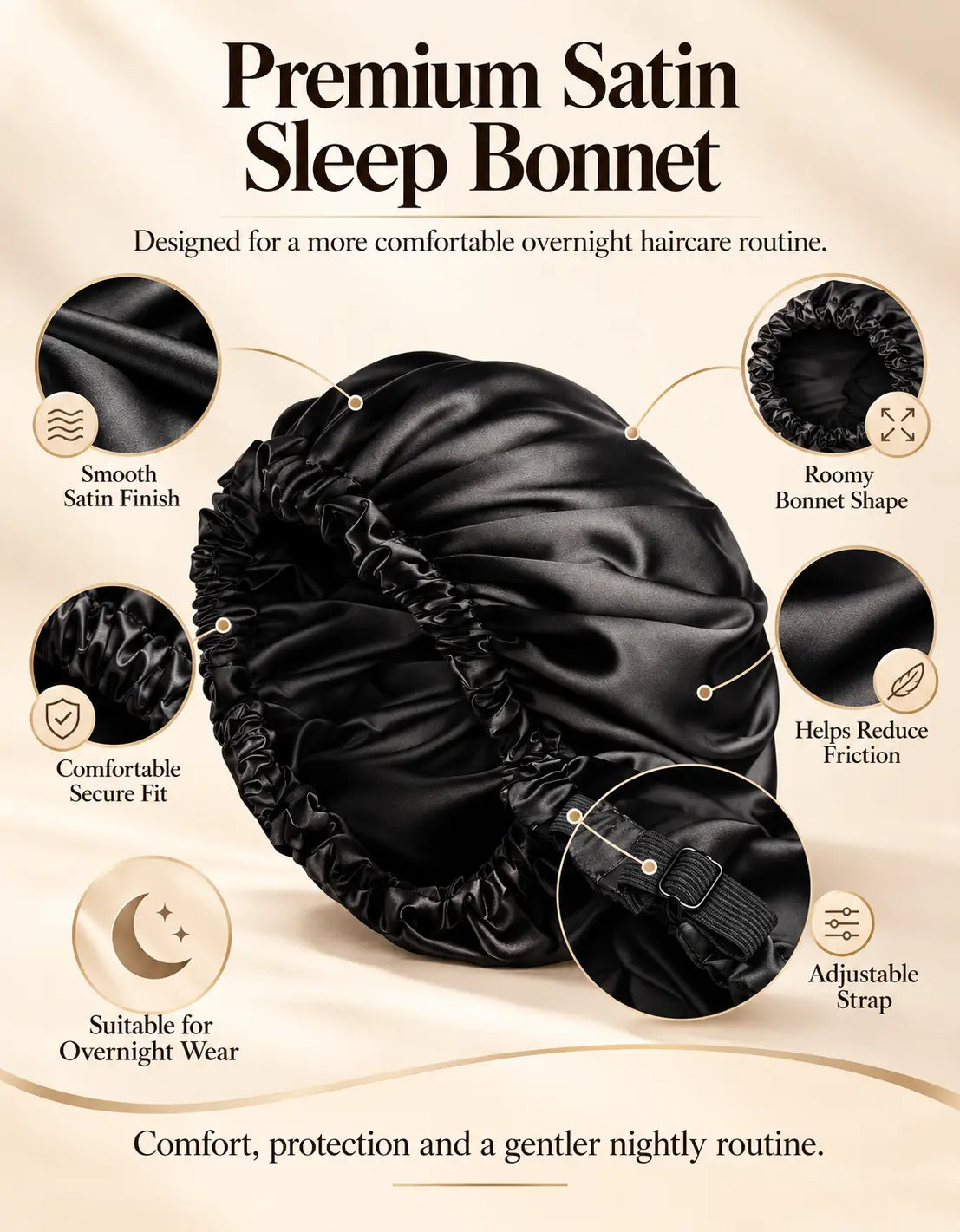 BELARO double-layer satin sleep bonnet infographic highlighting key product features and benefits
