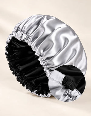 White BELARO double-layer satin sleep bonnet with black inner lining