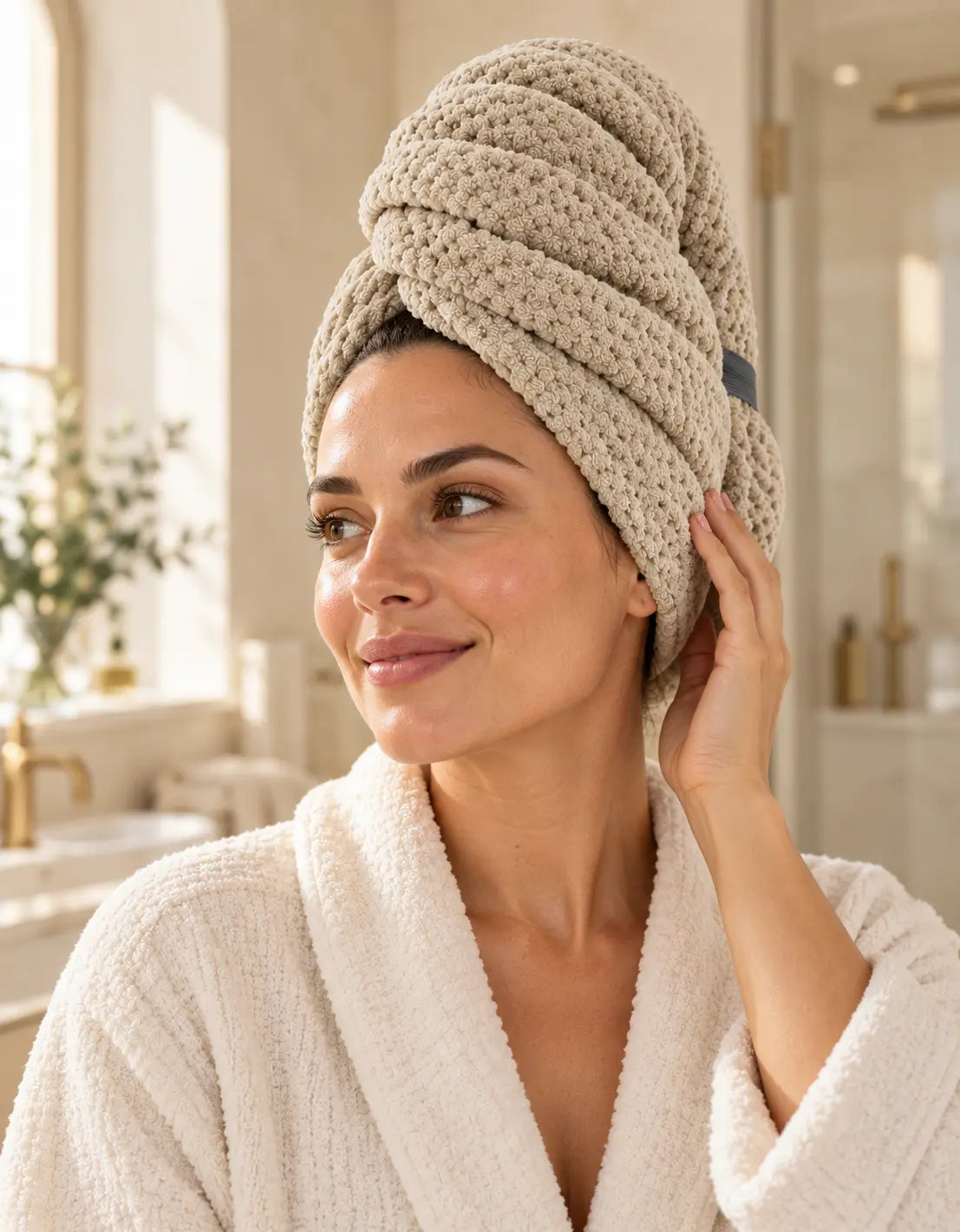 Woman wearing a beige BELARO quick-dry hair towel wrap in a bright bathroom