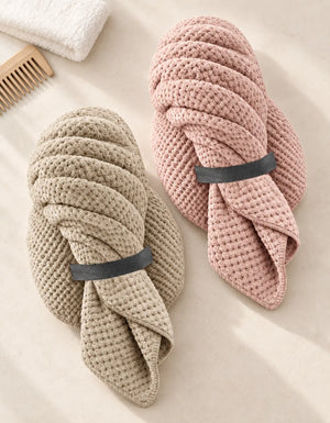 Beige and pink BELARO quick-dry hair towel wrap set displayed together