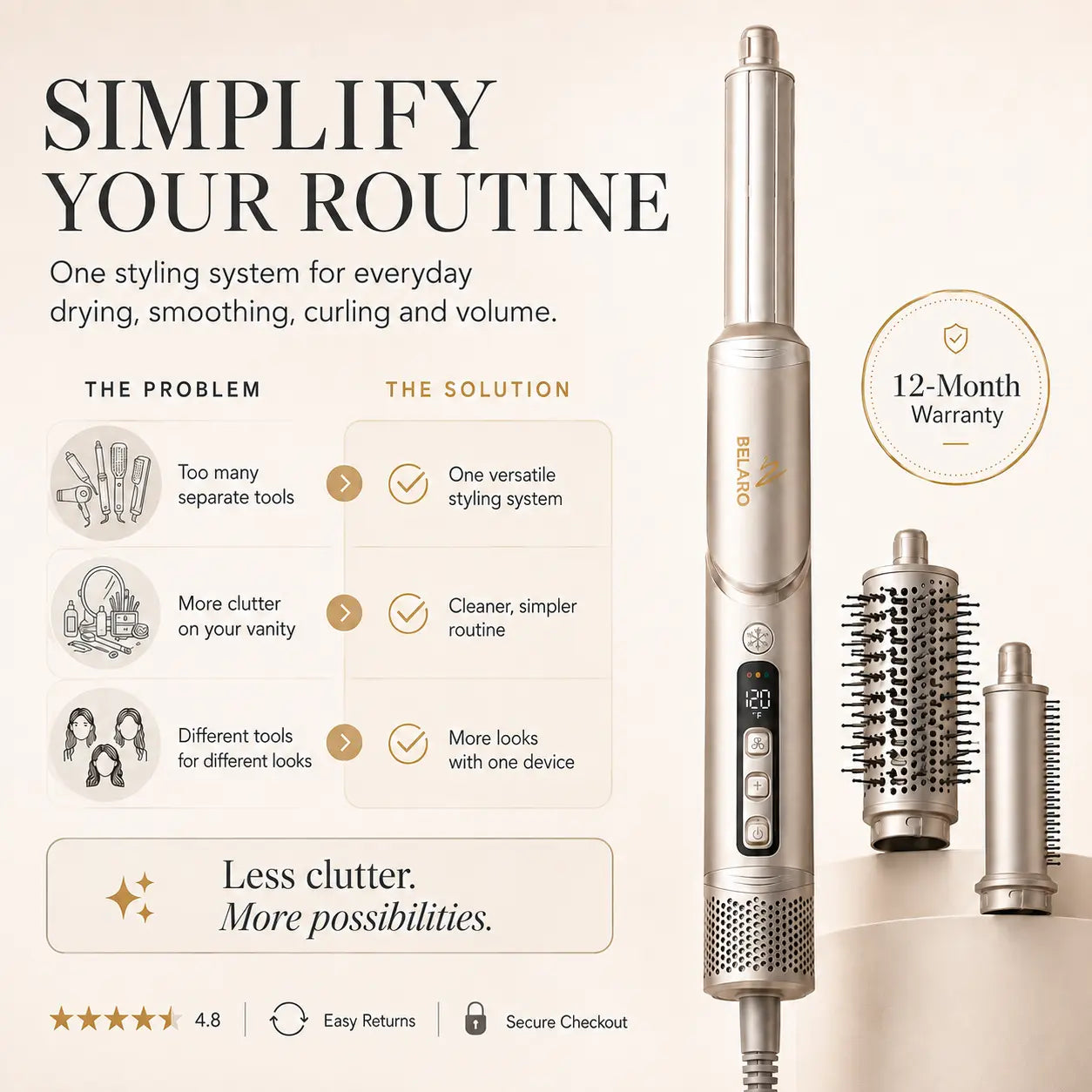 BELARO 8-in-1 Multi Styler infographic comparing multiple hair tools with one streamlined styling system.
