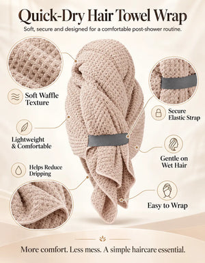 BELARO quick-dry hair towel wrap infographic highlighting soft microfiber fabric and key product benefits