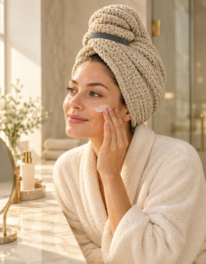 Woman using a beige BELARO quick-dry hair towel wrap after showering